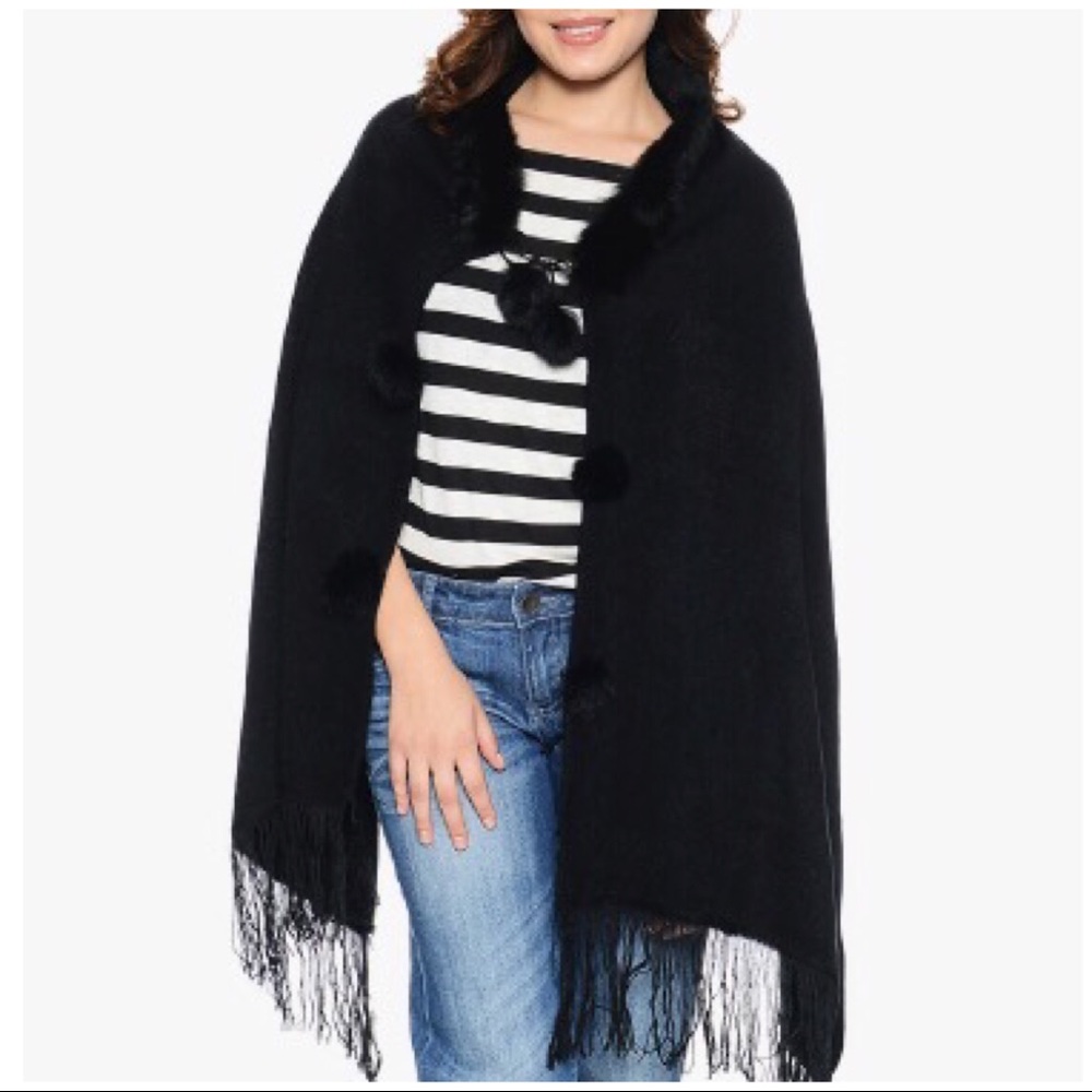 Black Faux Fur Pom Pom Tie Front Winter Shawl Wrap - Picture 2 of 7